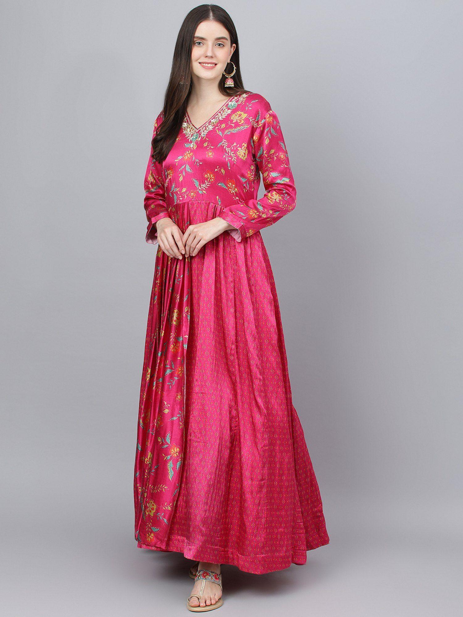 pink floral embellished gaji silk flared gown