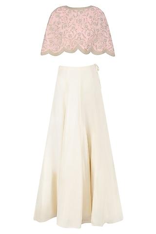 pink floral embroidered cape and cream skirt set