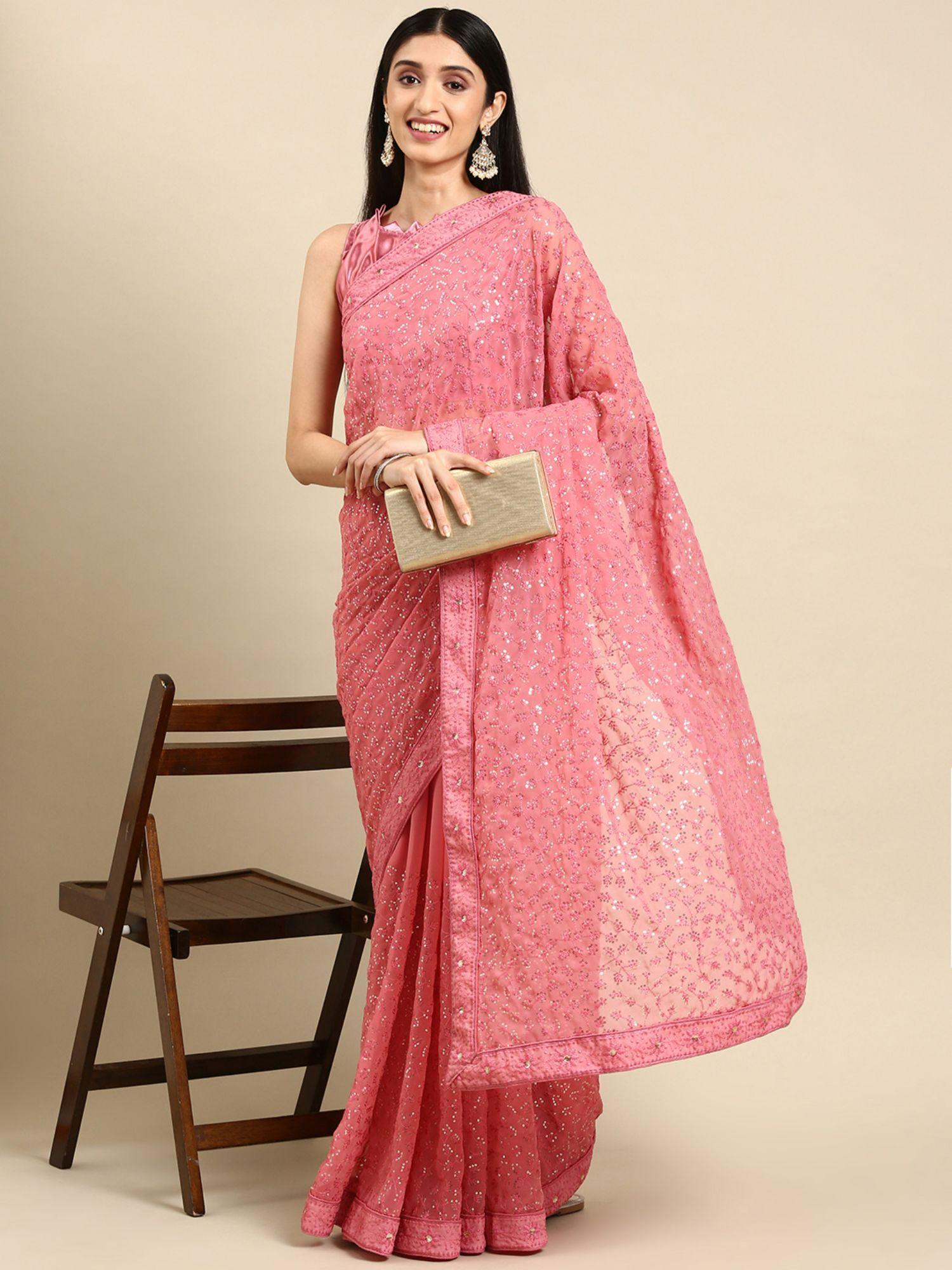 pink floral embroidered georgette celebrity saree with unstitched blouse