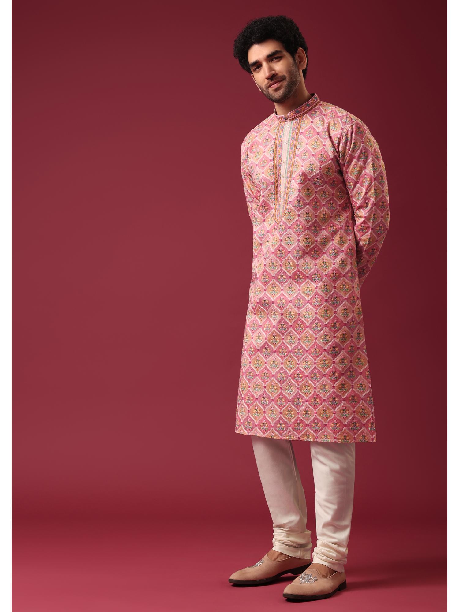 pink floral embroidered kurta in silk (set of 2)