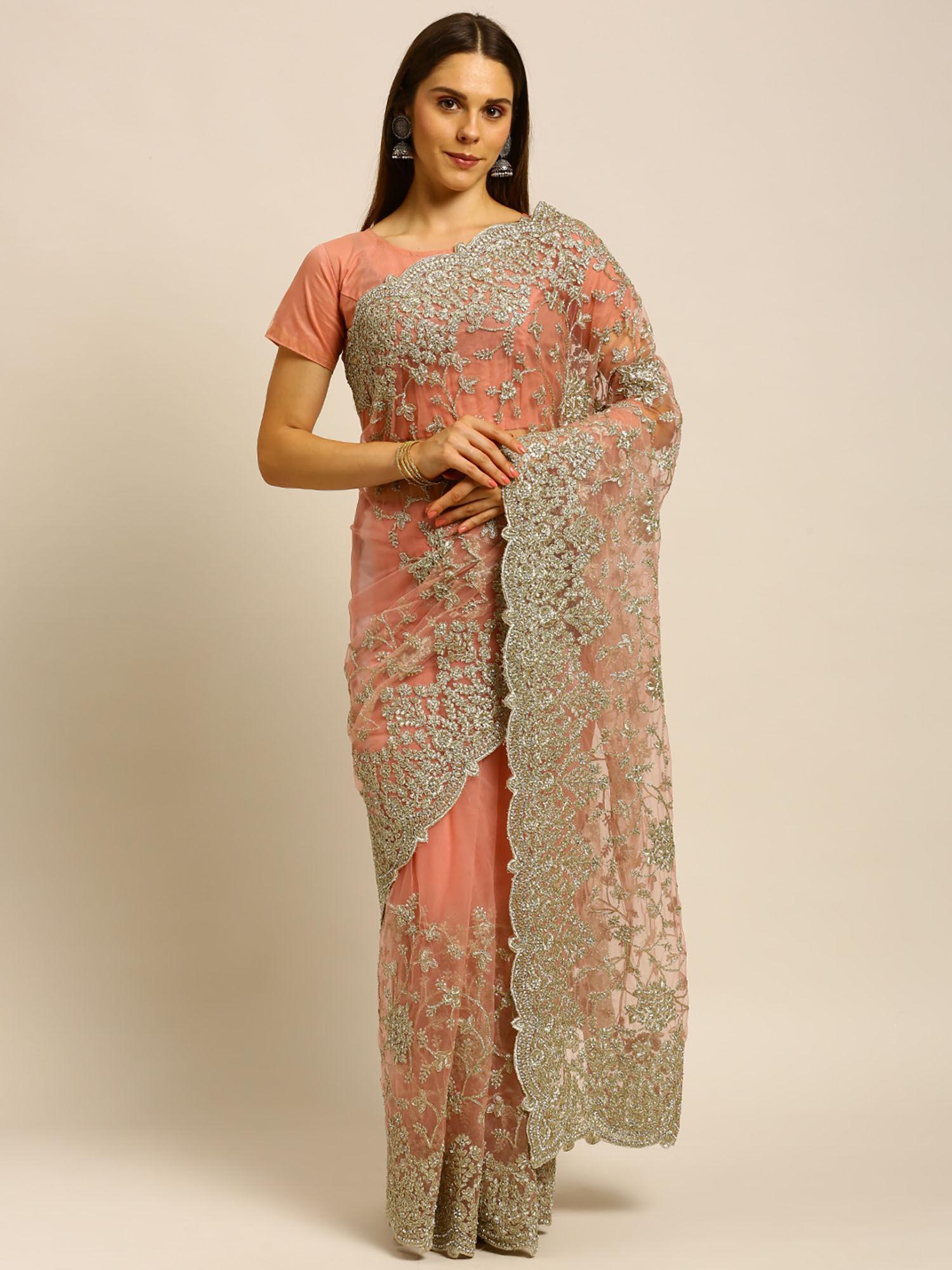 pink floral embroidered net heavy work saree with unstitched blouse