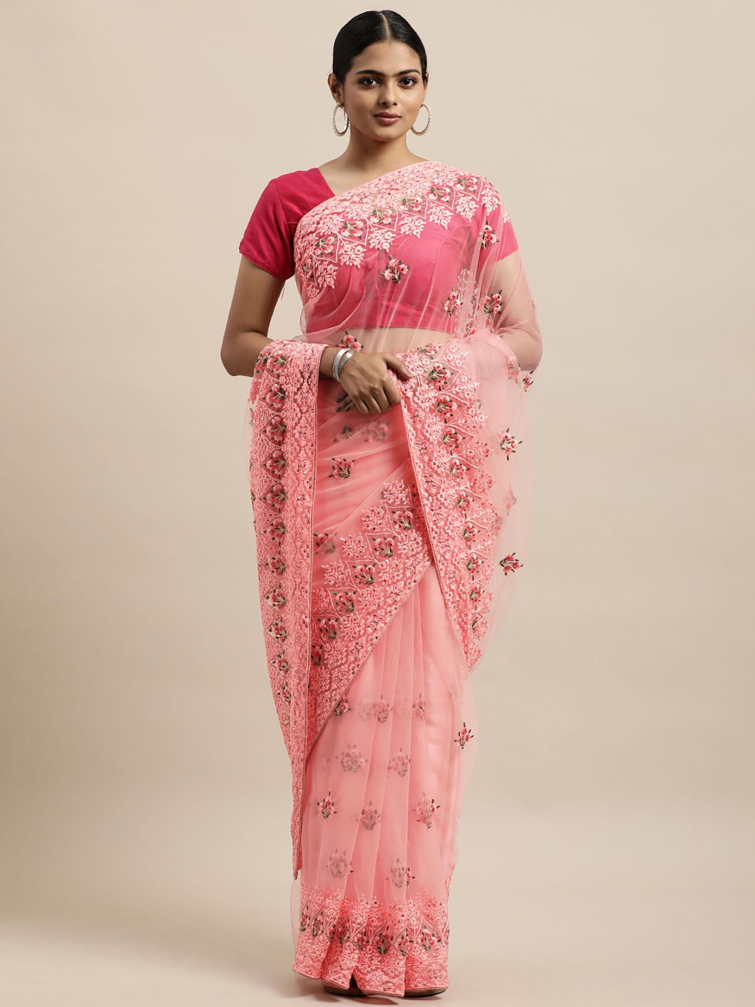 pink floral embroidered net saree with unstitched blouse