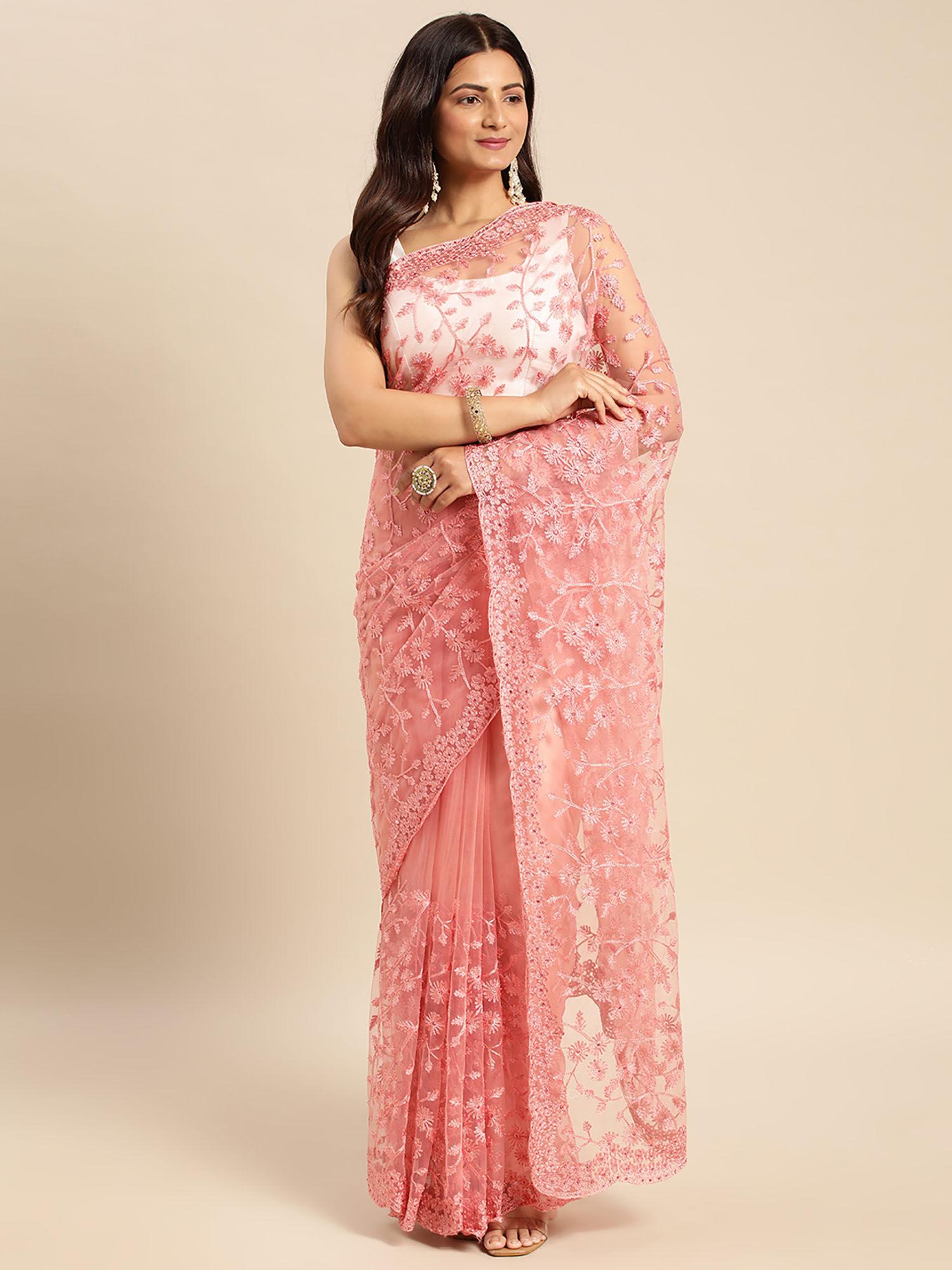 pink floral embroidered net saree with unstitched blouse