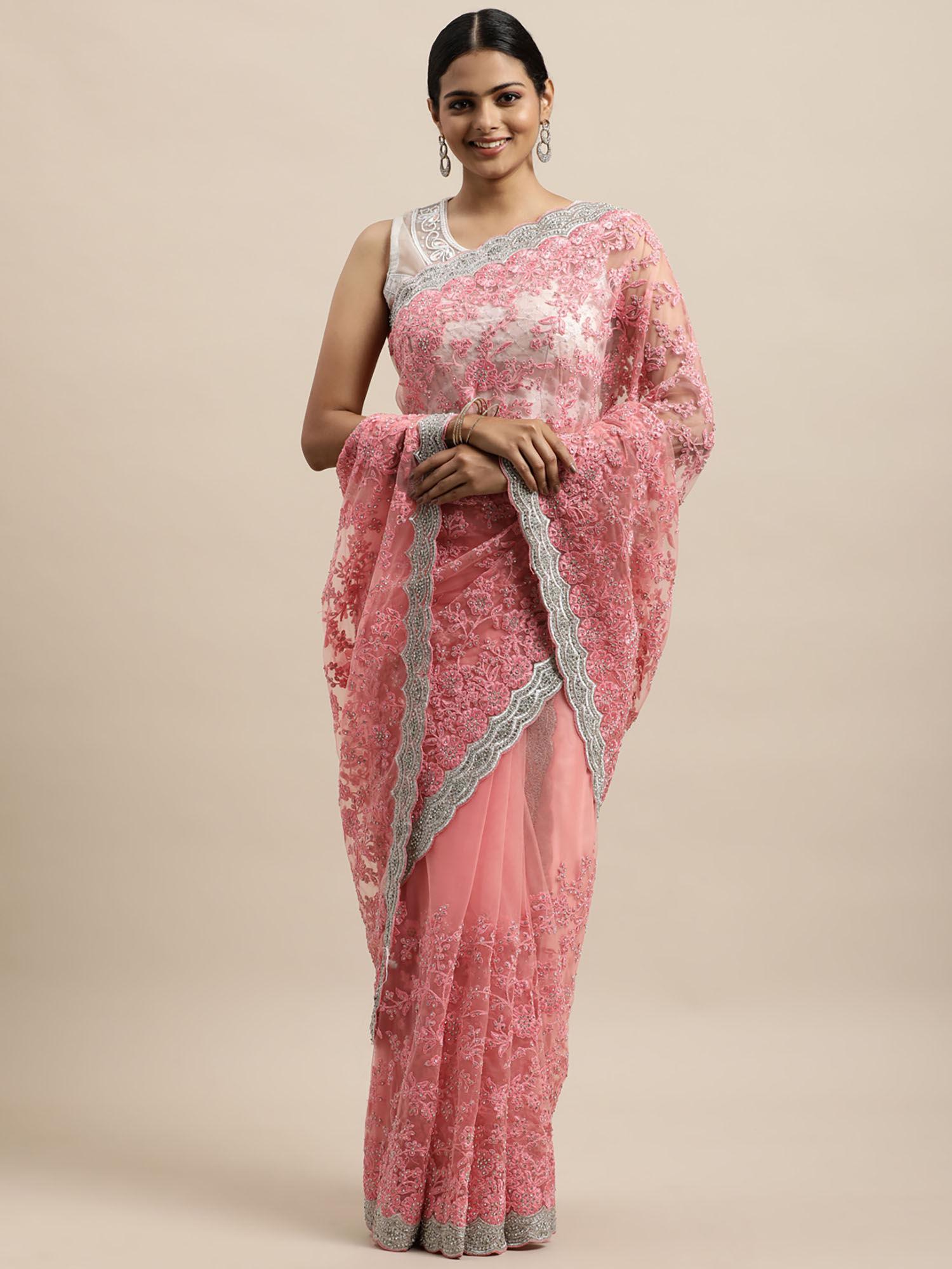 pink floral embroidered net saree with unstitched blouse