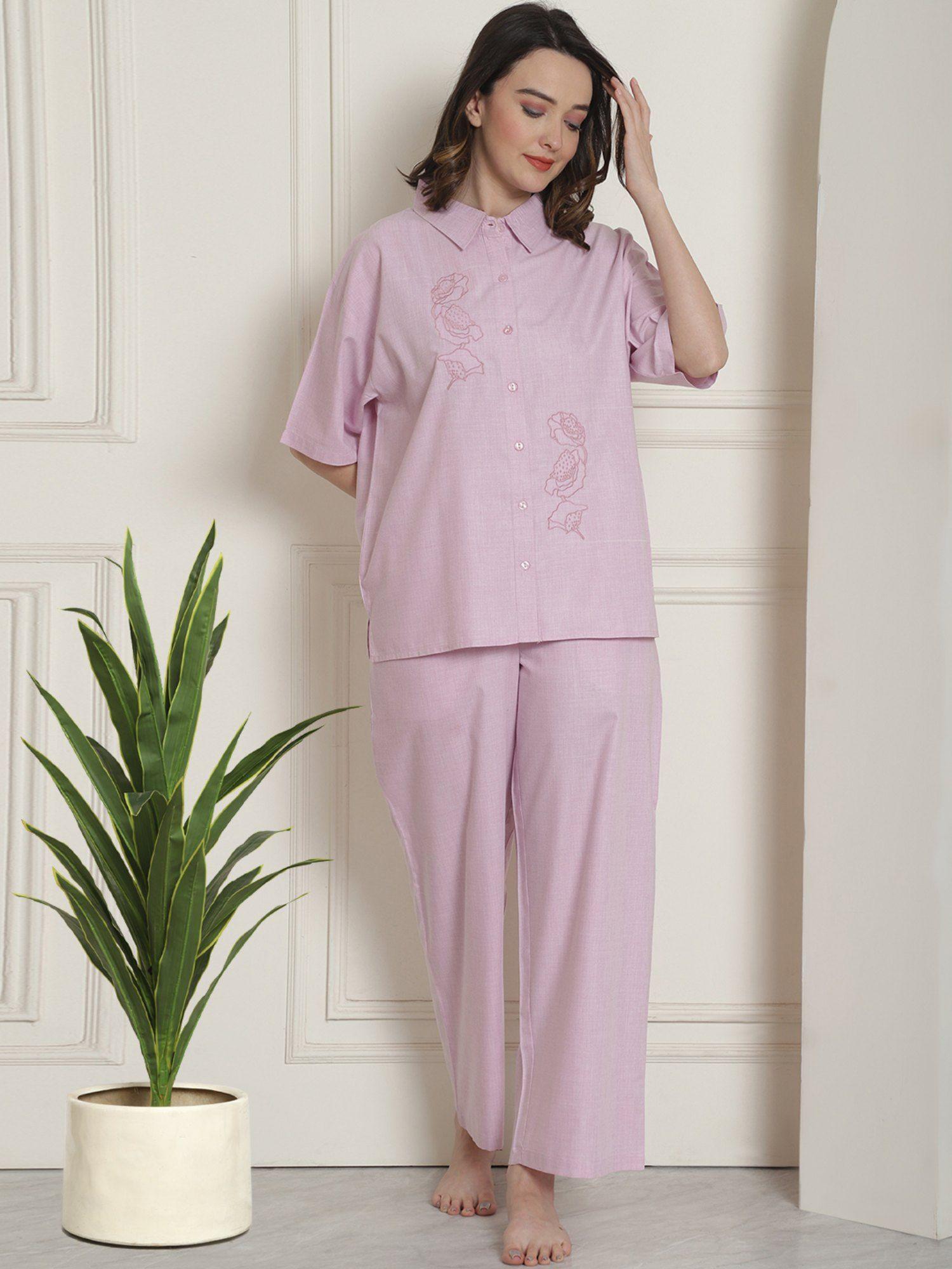 pink floral embroidered pure cotton night suit (set of 2)