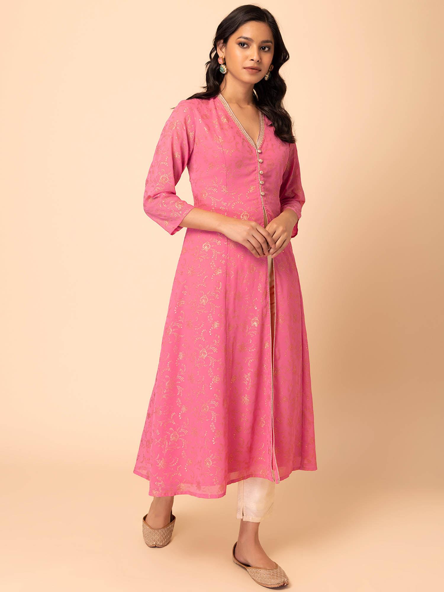 pink floral foil print front slit kurta