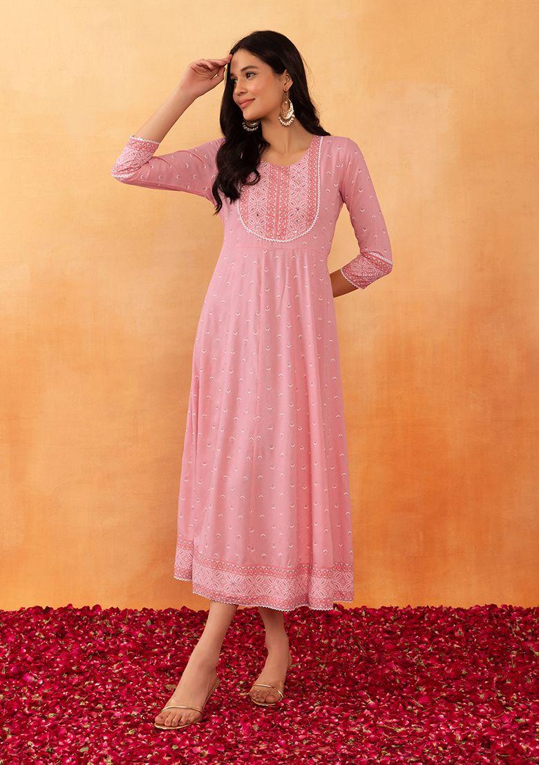 pink floral foil print rayon anarkali kurta