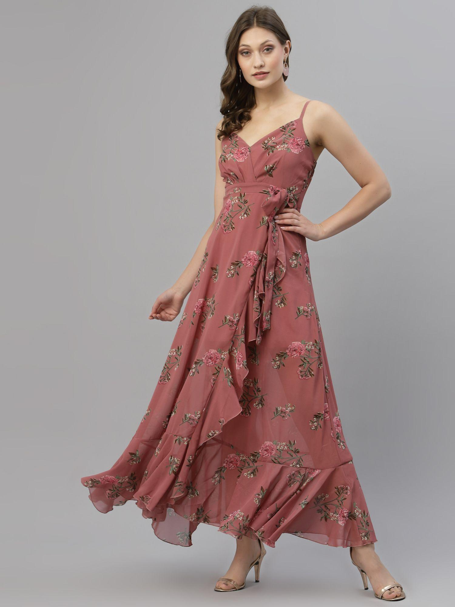 pink floral georgette ruffled maxi dress