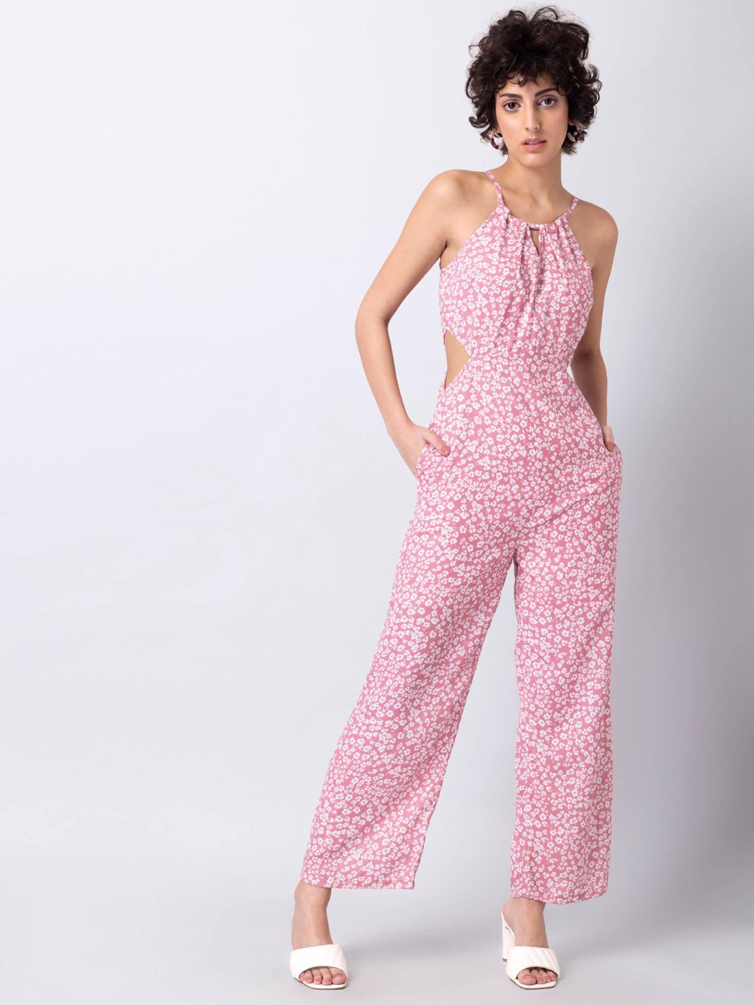 pink floral halter jumpsuit