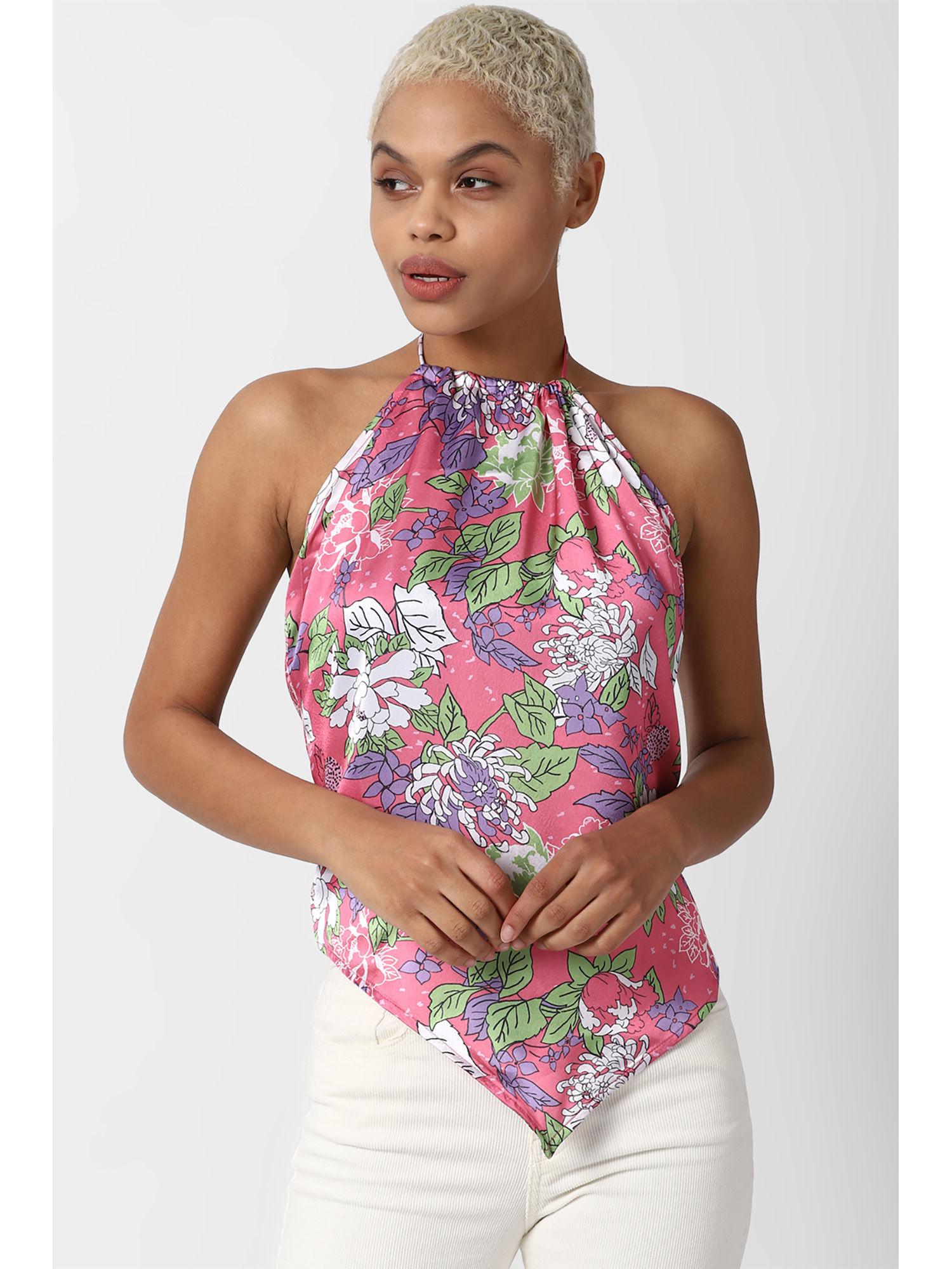 pink floral halter neck backless tie up tops