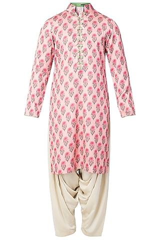 pink floral high collar double kurta with ivory patiala pants