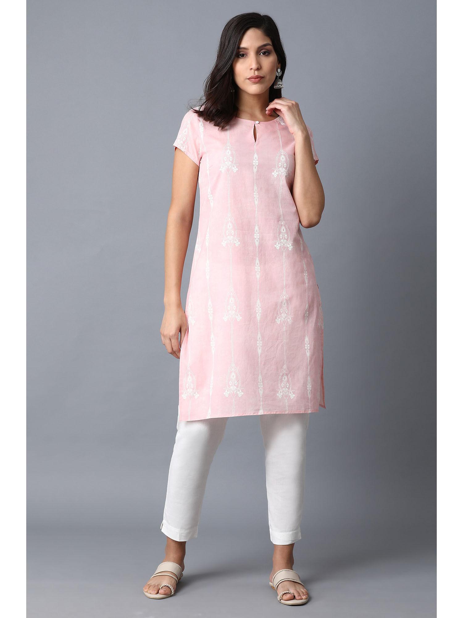 pink floral keyhole neck cotton kurta