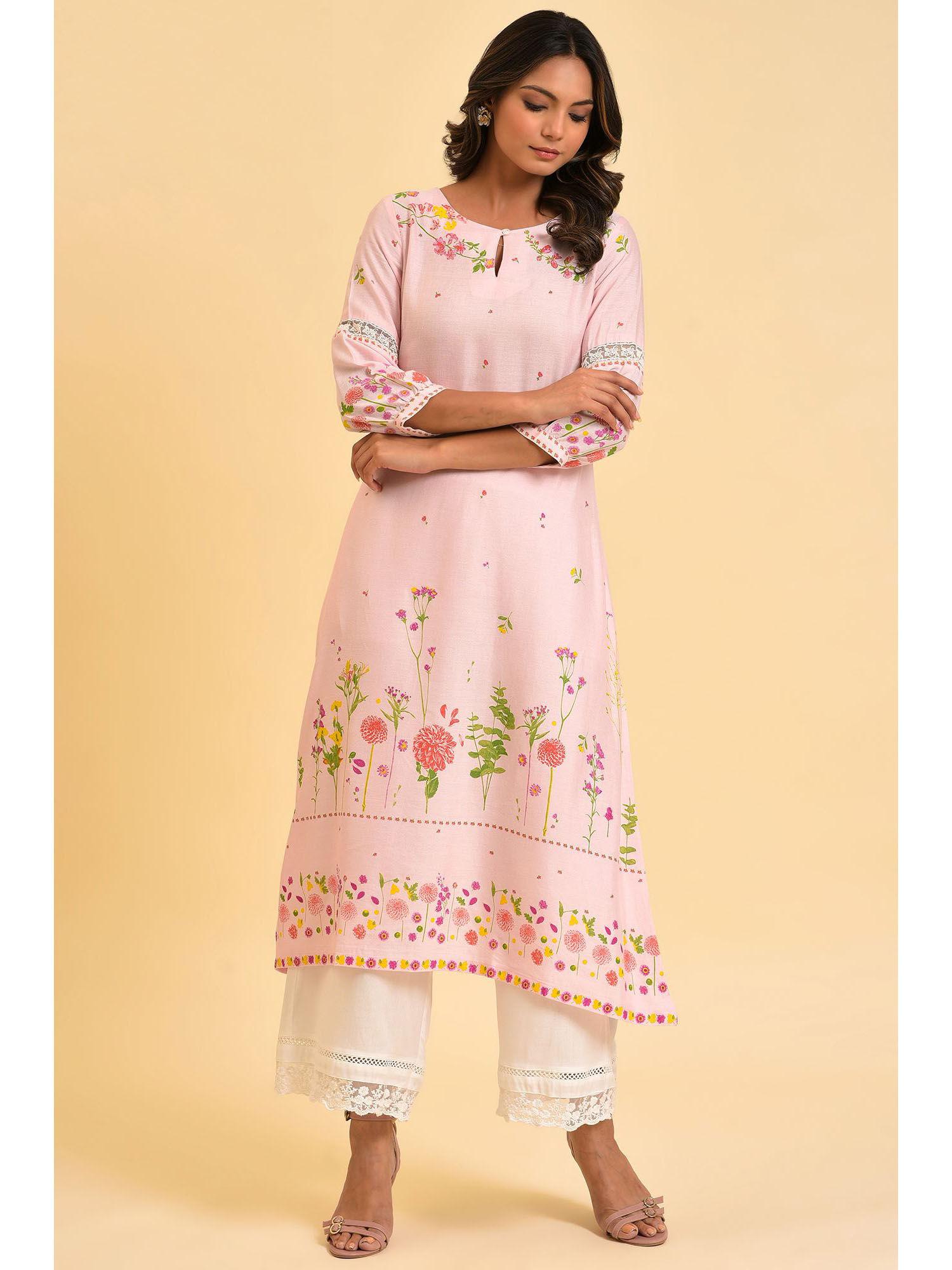 pink floral keyhole neck rayon kurta