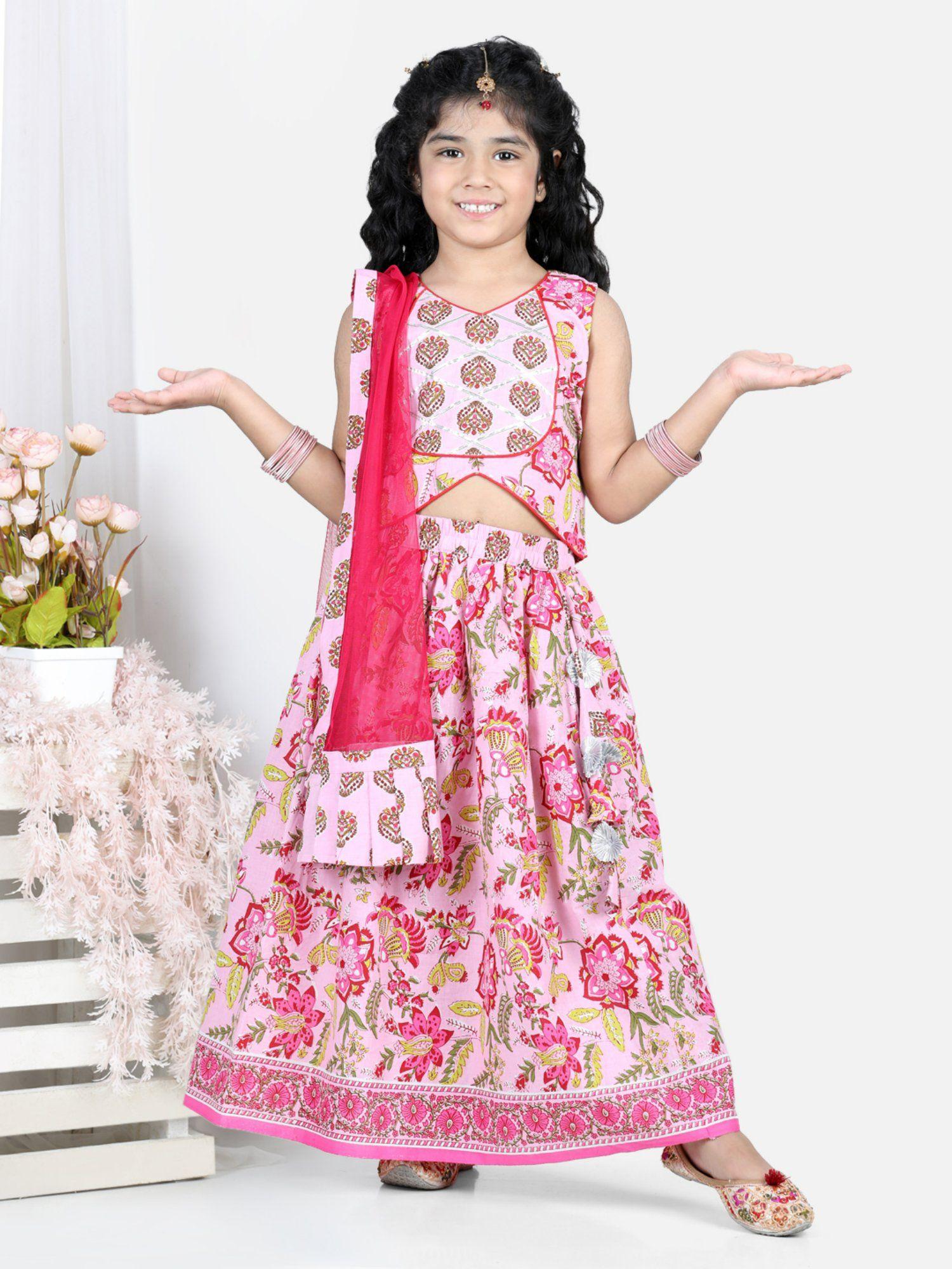 pink floral lehenga with short lace work top and dupatta (set of 3)