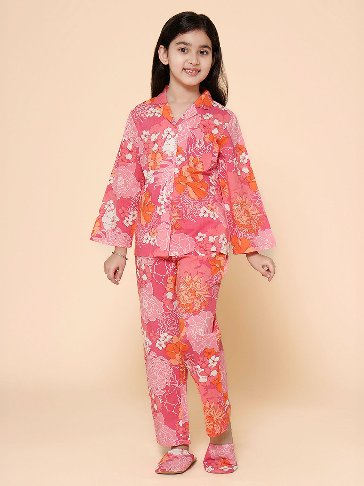 pink floral night shirt with pyjama & slipper (set of 3)