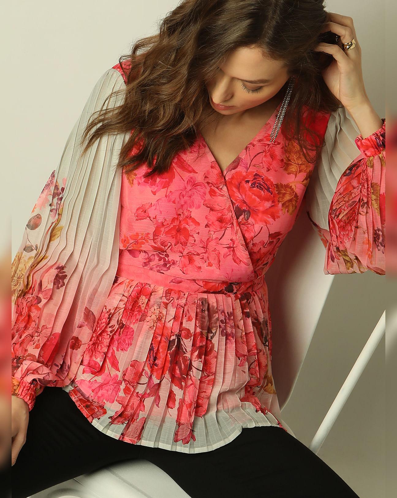 pink floral ombre pleated top