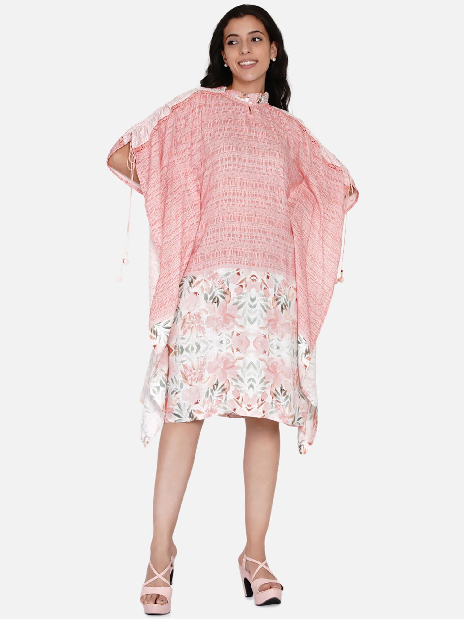 pink floral pinstripe brushed floral kaftan dress with frill neck