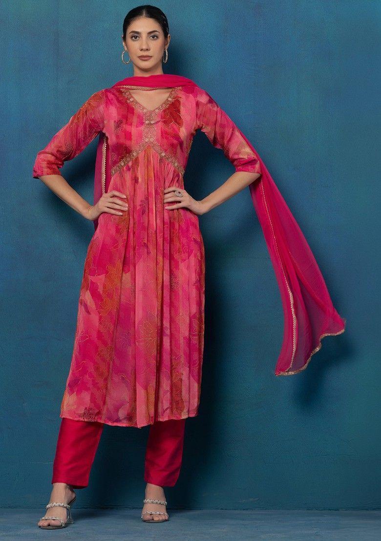 pink floral print bead hand embroidered kurta set with pants and dupatta