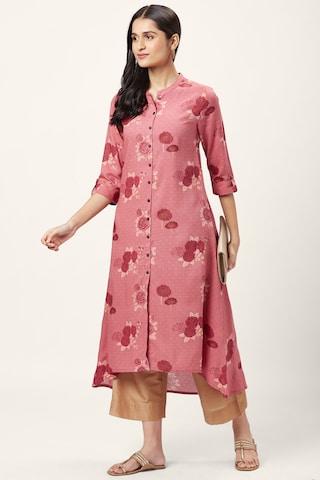 pink floral print casual mandarin 3/4th sleeves calf-length women regular fit kurta