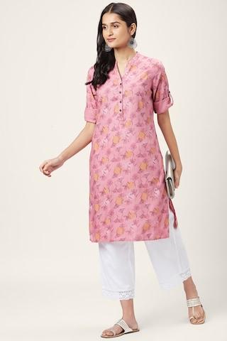 pink floral print casual mandarin 3/4th sleeves knee length women regular fit kurta