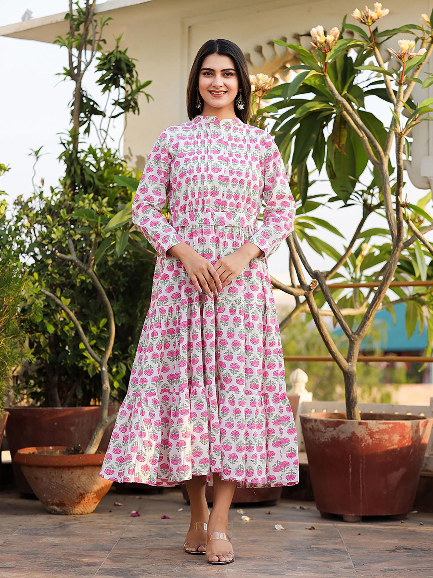 pink floral print cotton handblock dress with belt (set of 2)