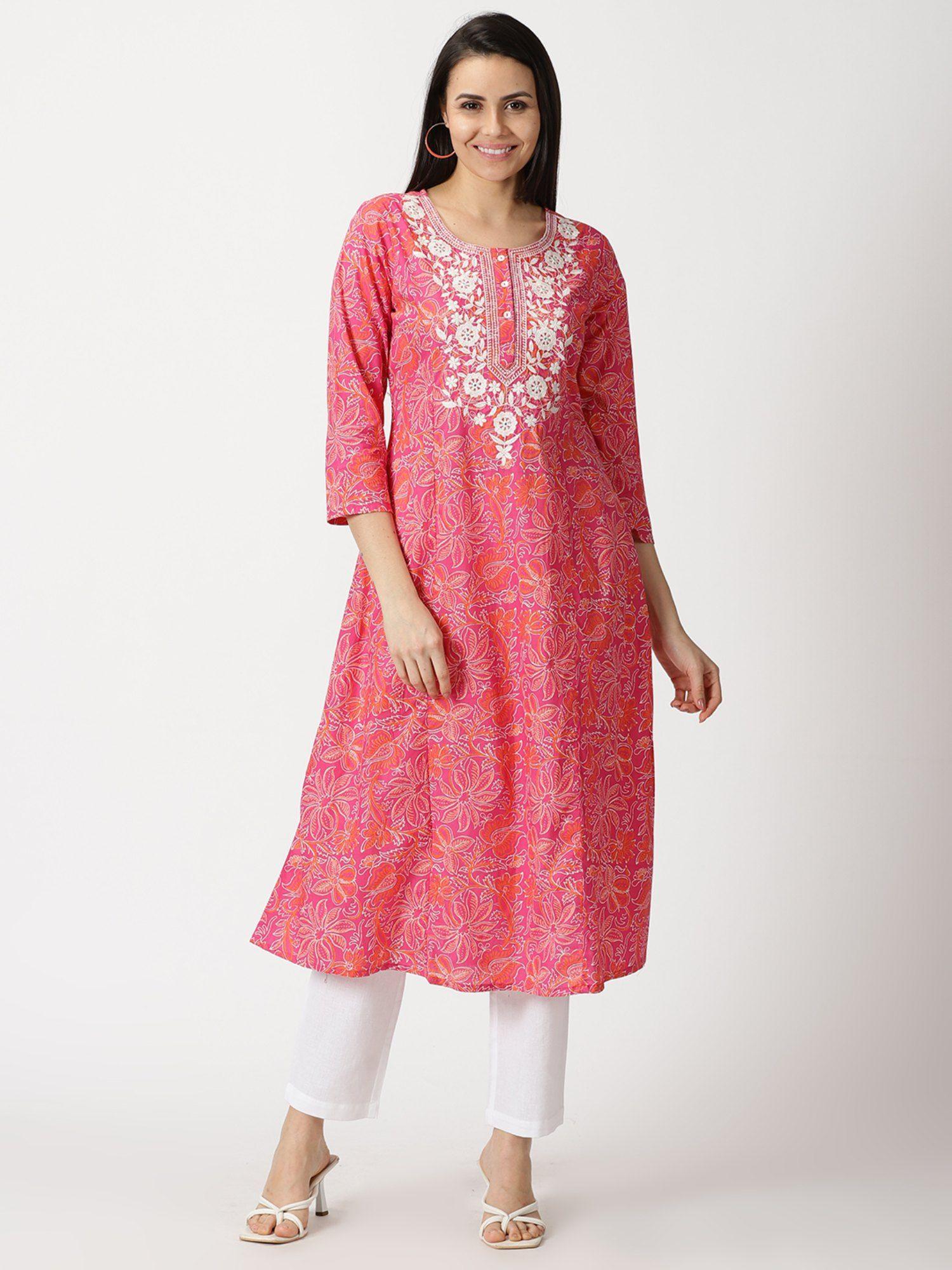 pink floral print cotton kurta with chikankari yoke embroidery