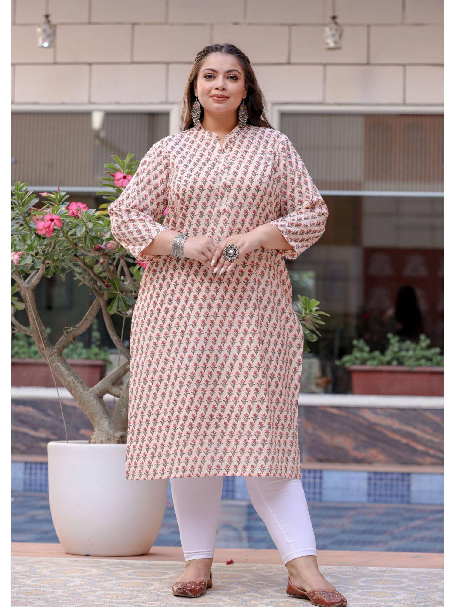 pink floral print cotton plus size kurta