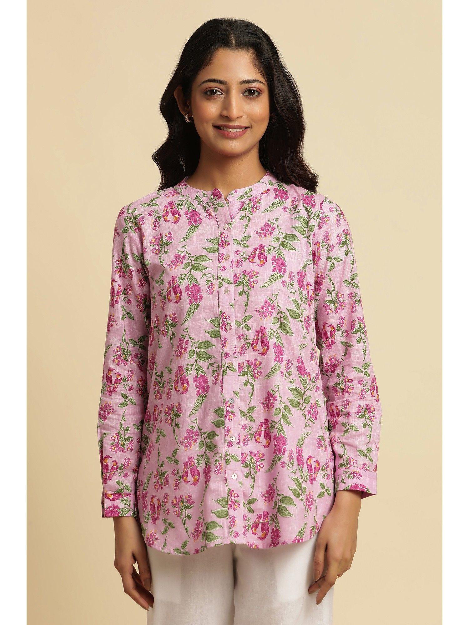 pink floral print cotton shirt for women