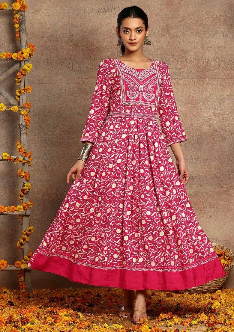 pink floral print embroidered anarkali kurta with belt (set of 2)