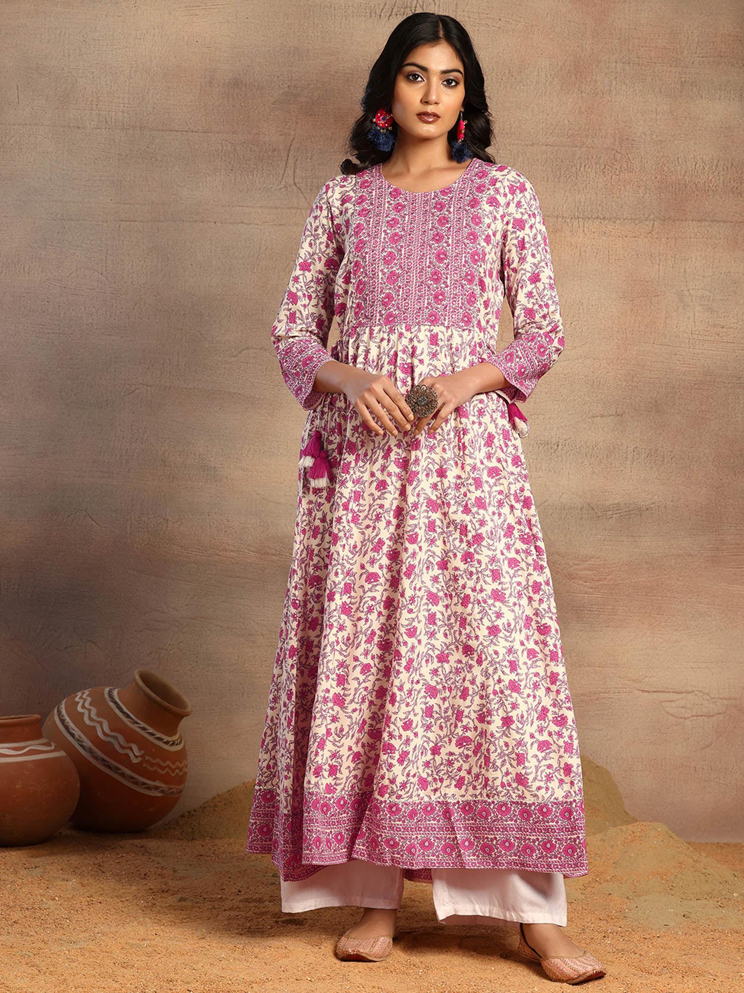 pink floral print embroidered neck rayon anarkali kurta