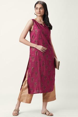 pink floral print ethnic round neck sleeveless calf-length women regular fit kurta