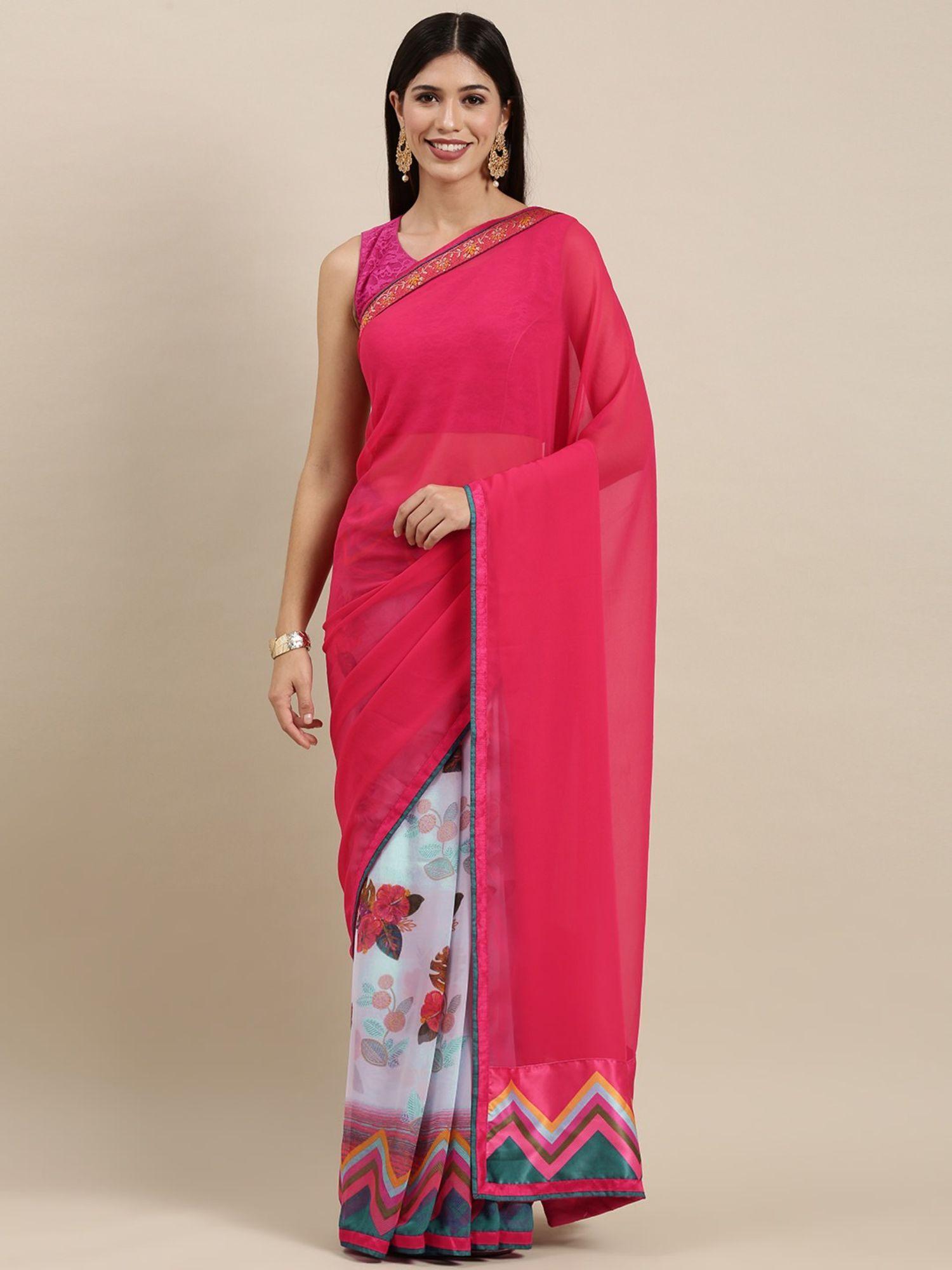 pink floral print half and half saree with unstitched blouse