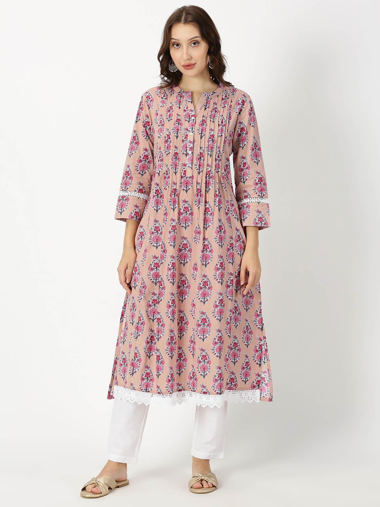 pink floral print kurta with pintucks