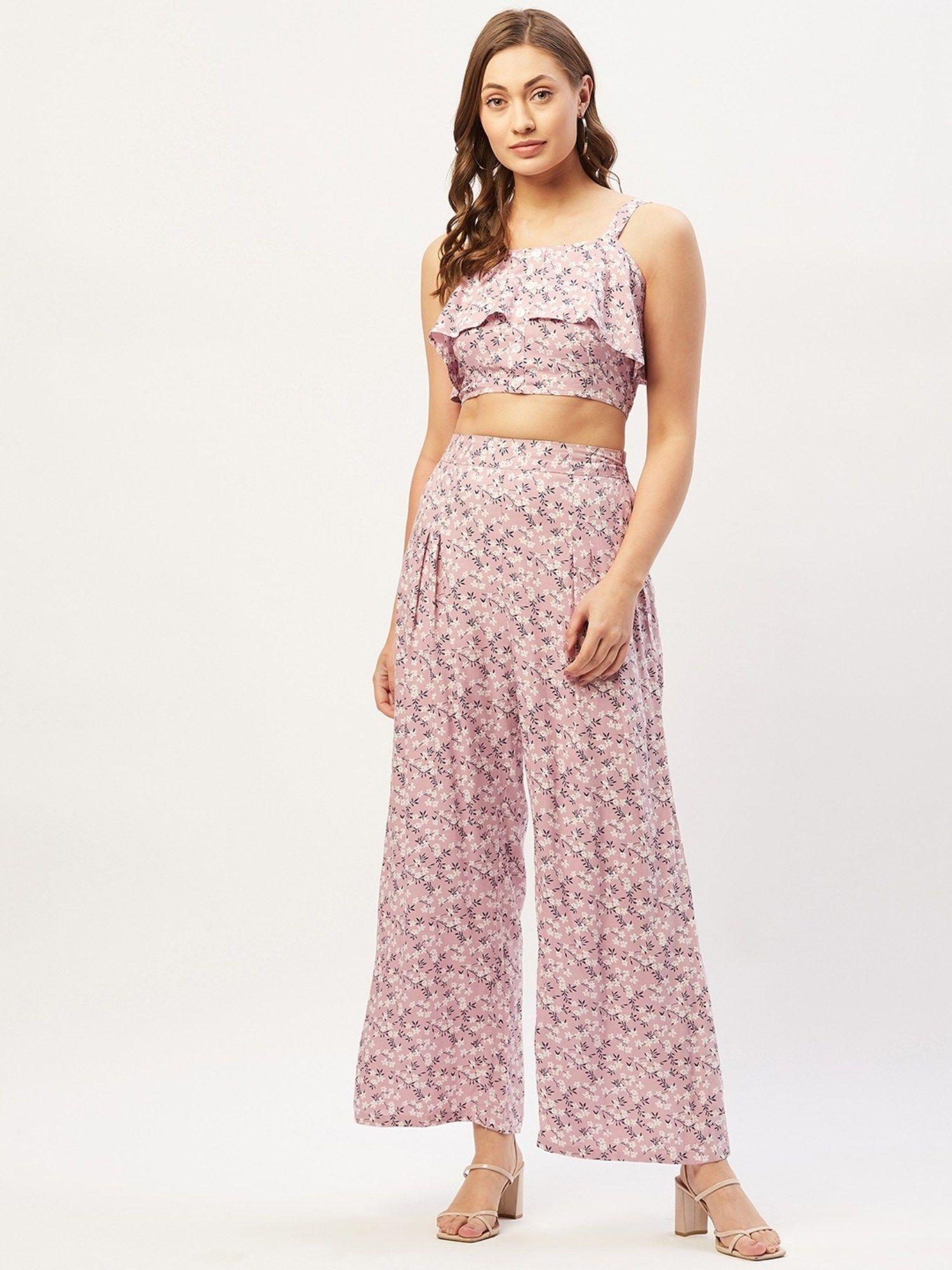 pink floral print layered smocked crop top