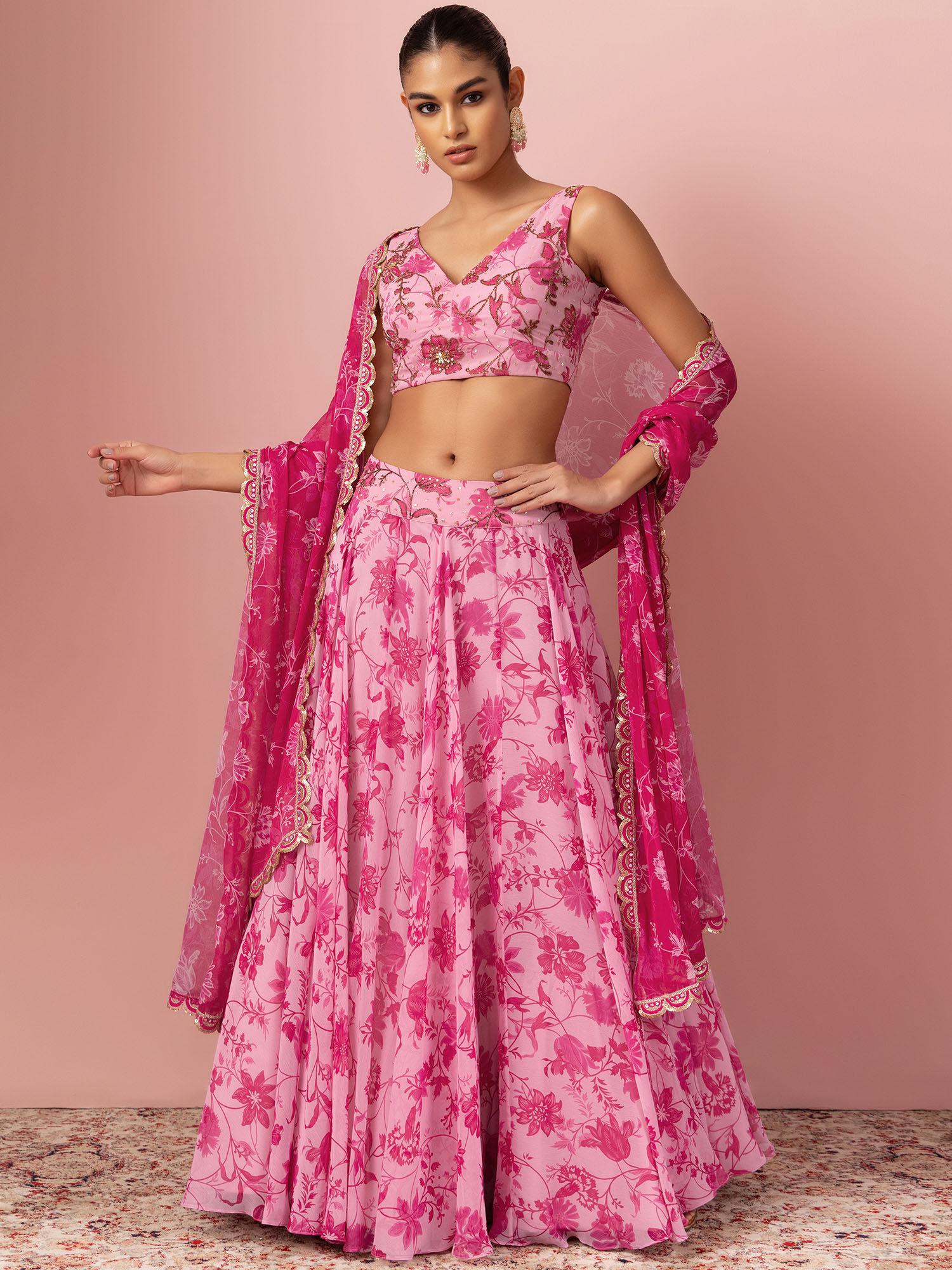 pink floral print lehenga with embellished blouse & dupatta (set of 3)