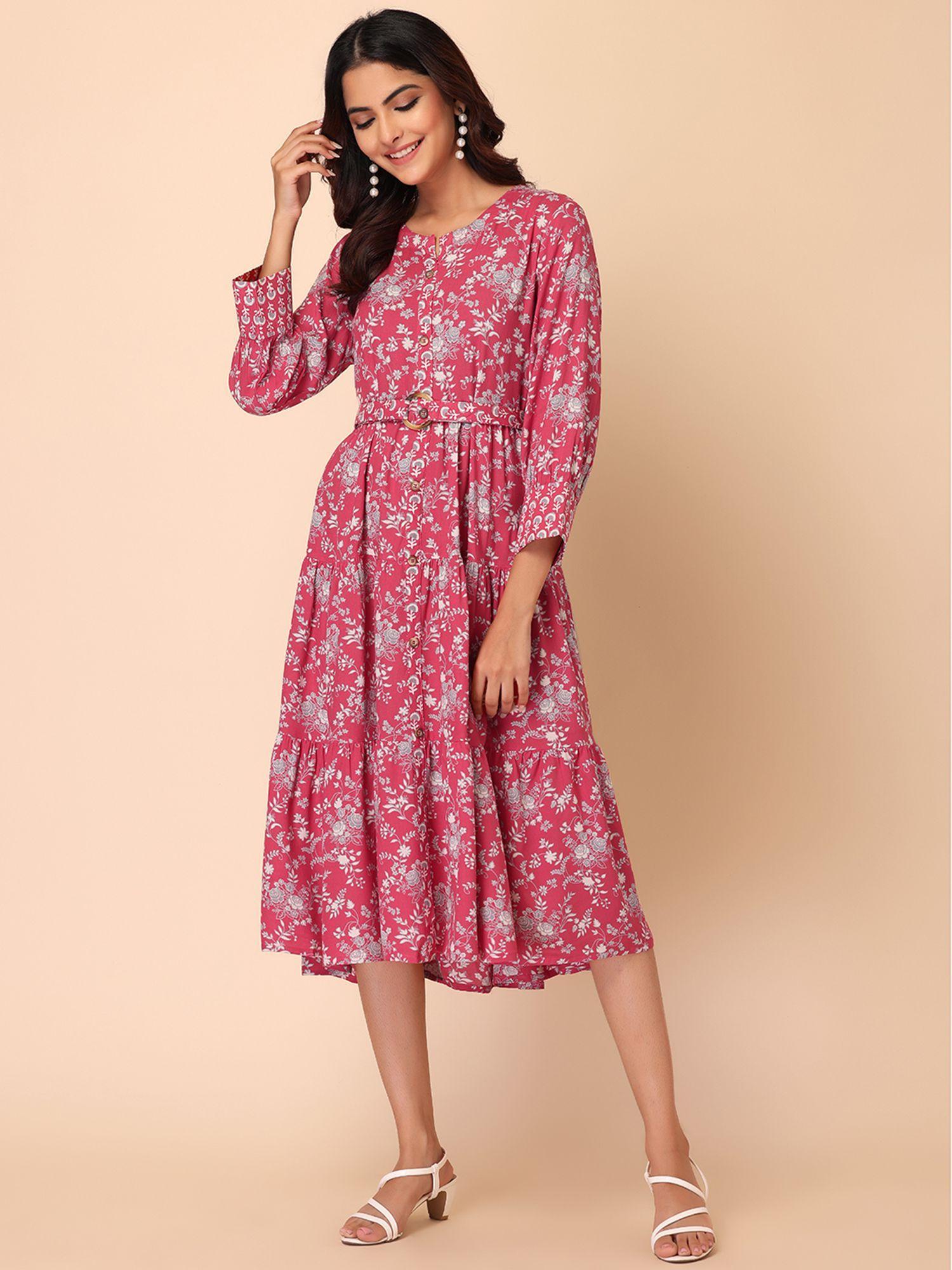 pink floral print rayon tiered dress with belt (set of 2)