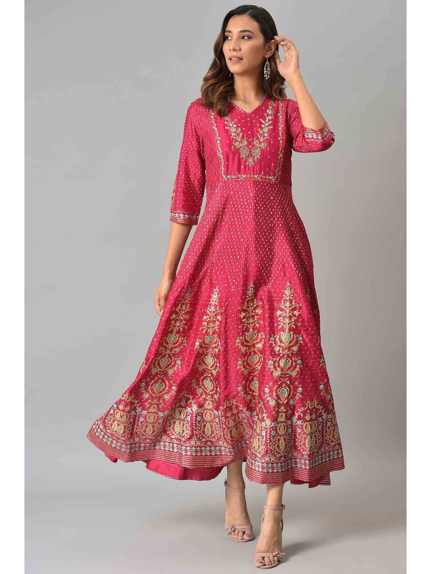 pink floral printed & embroidered dress