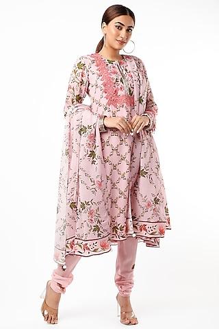 pink floral printed & embroidered kurta set