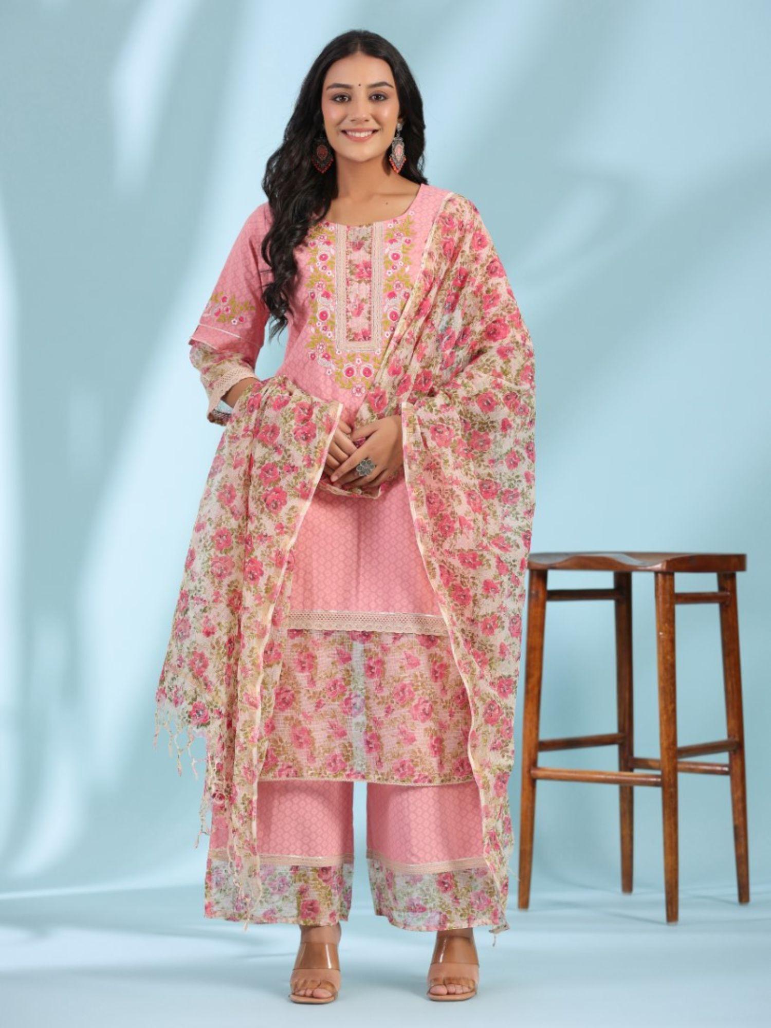 pink floral printed & laced pure cotton kurta palazzo set with printed kota doria dupatta (3-pcs)