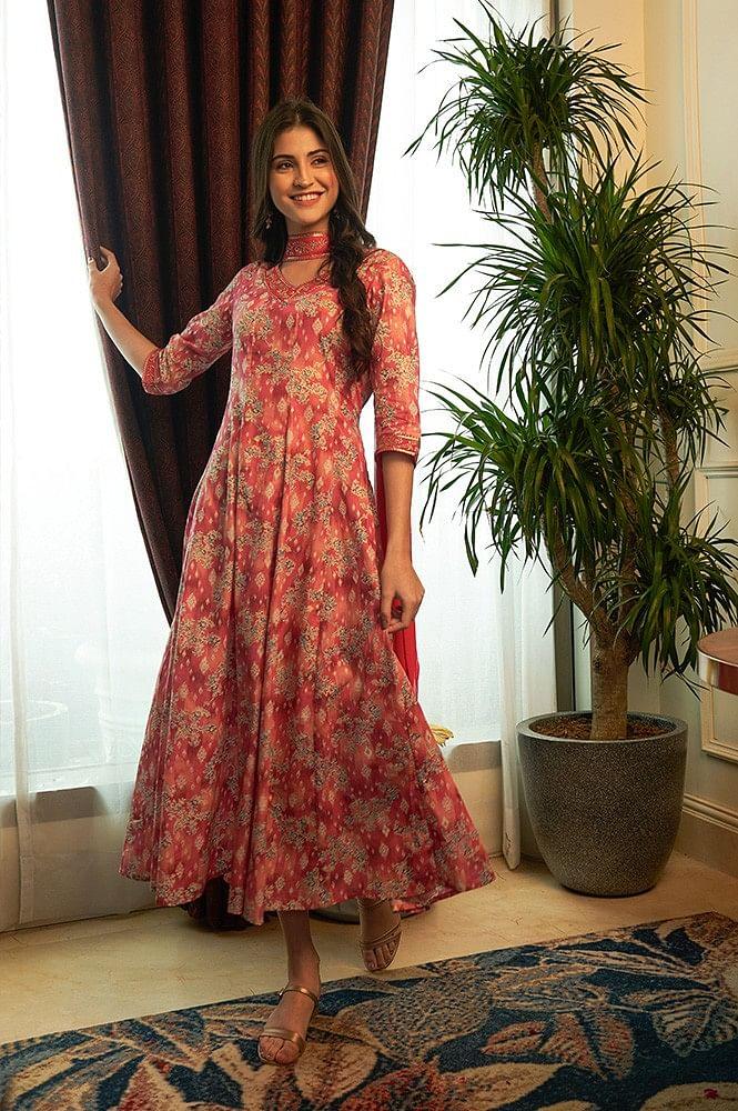 pink floral printed anarkali dress with choker dupatta