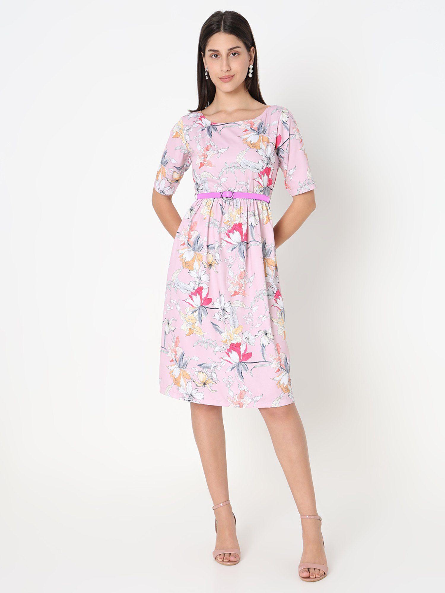 pink floral printed boat neck dress with belt (set of 2)