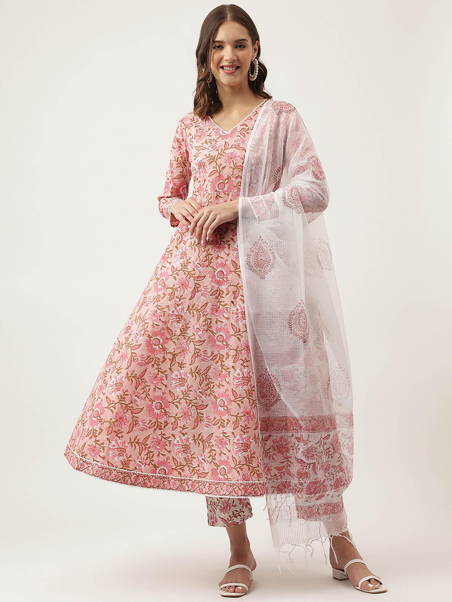 pink floral printed cotton anarkali kurta, trouser with dupatta (set of 3)
