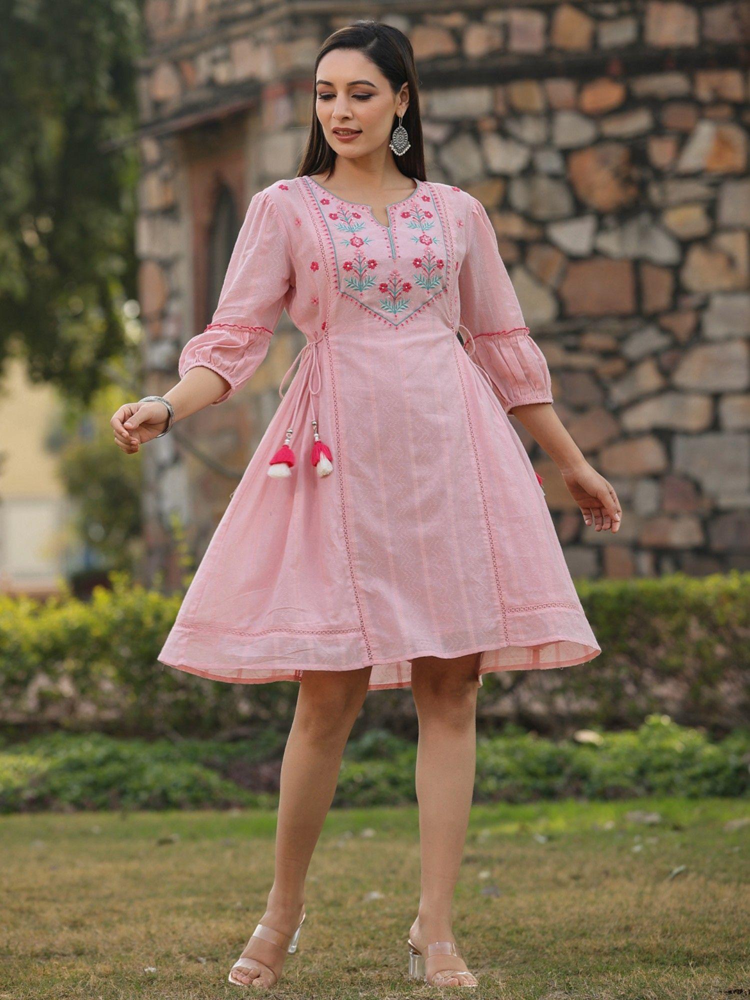 pink floral printed cotton dobby flared short dress with thread embroidery