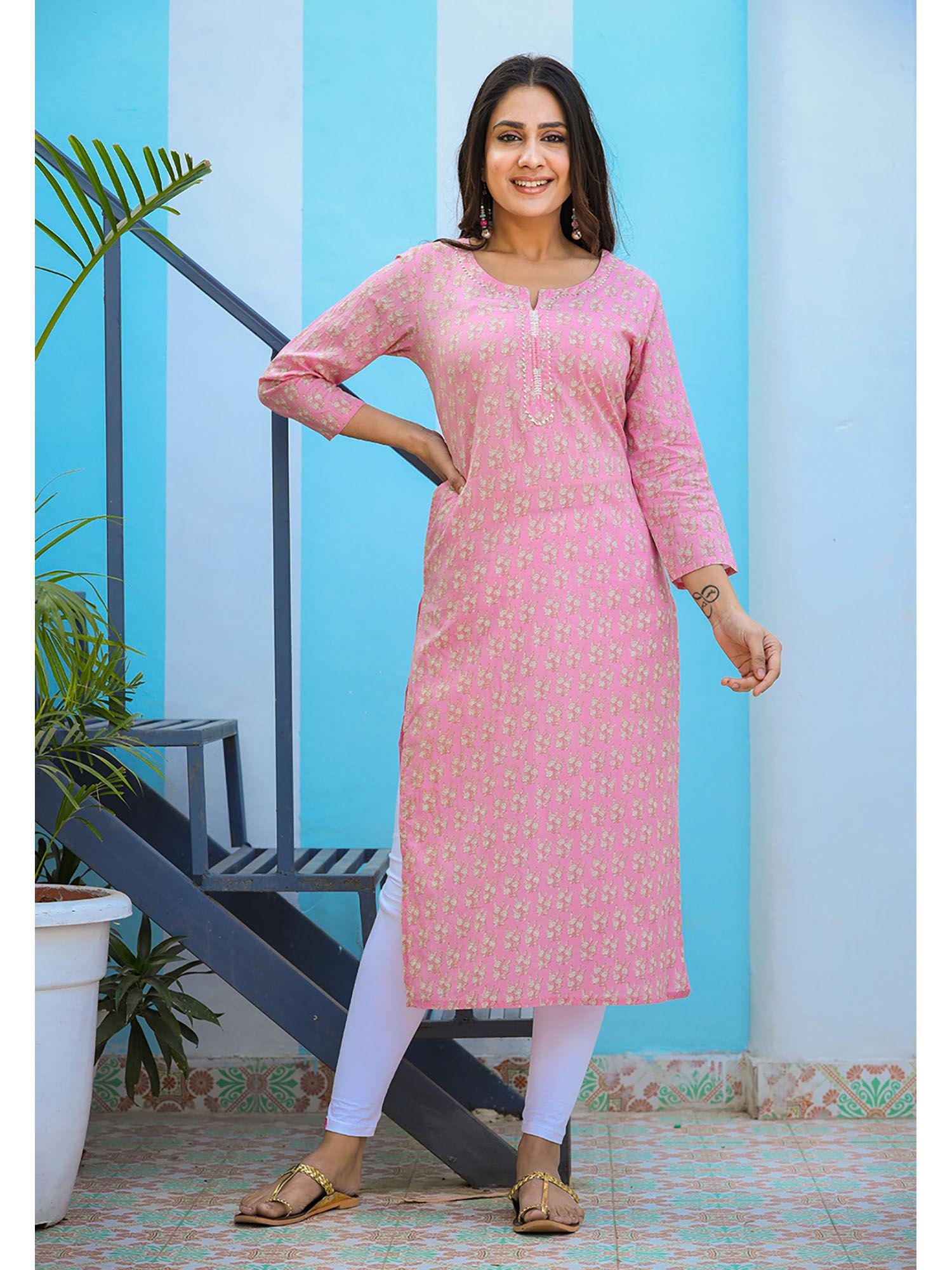 pink floral printed cotton kurta