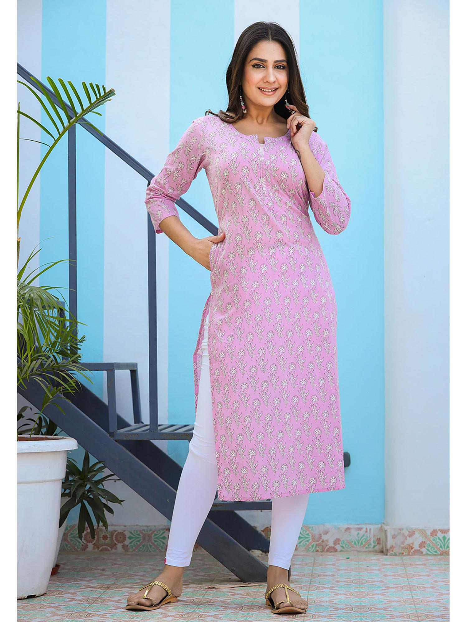 pink floral printed cotton kurta