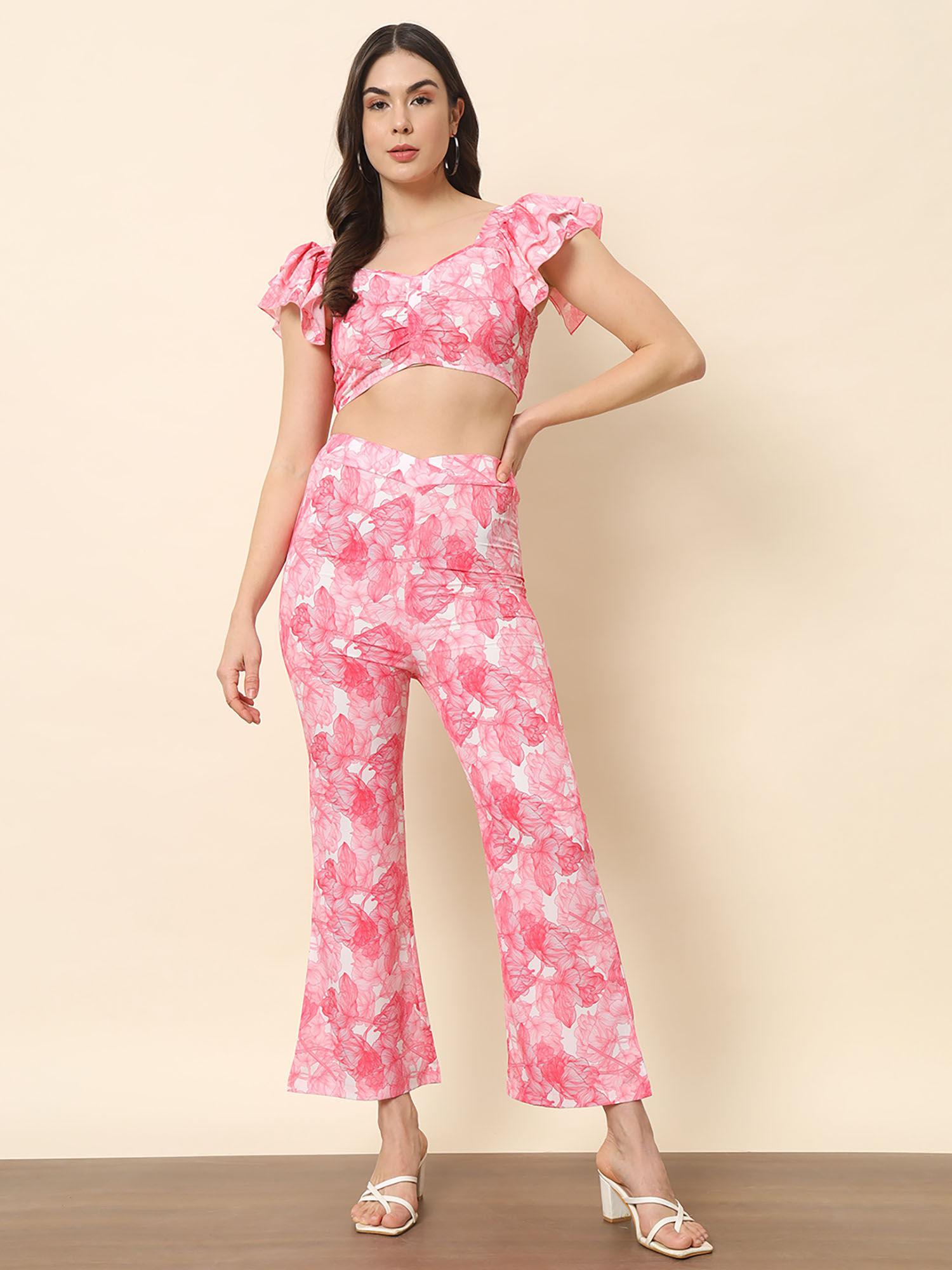 pink floral printed crop top with pant (set of 2)