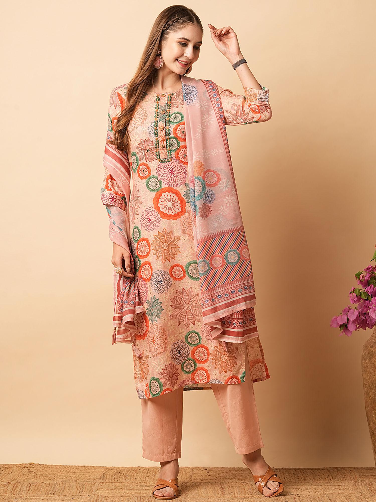 pink floral printed embroidered kurta with pant & dupatta (set of 3)