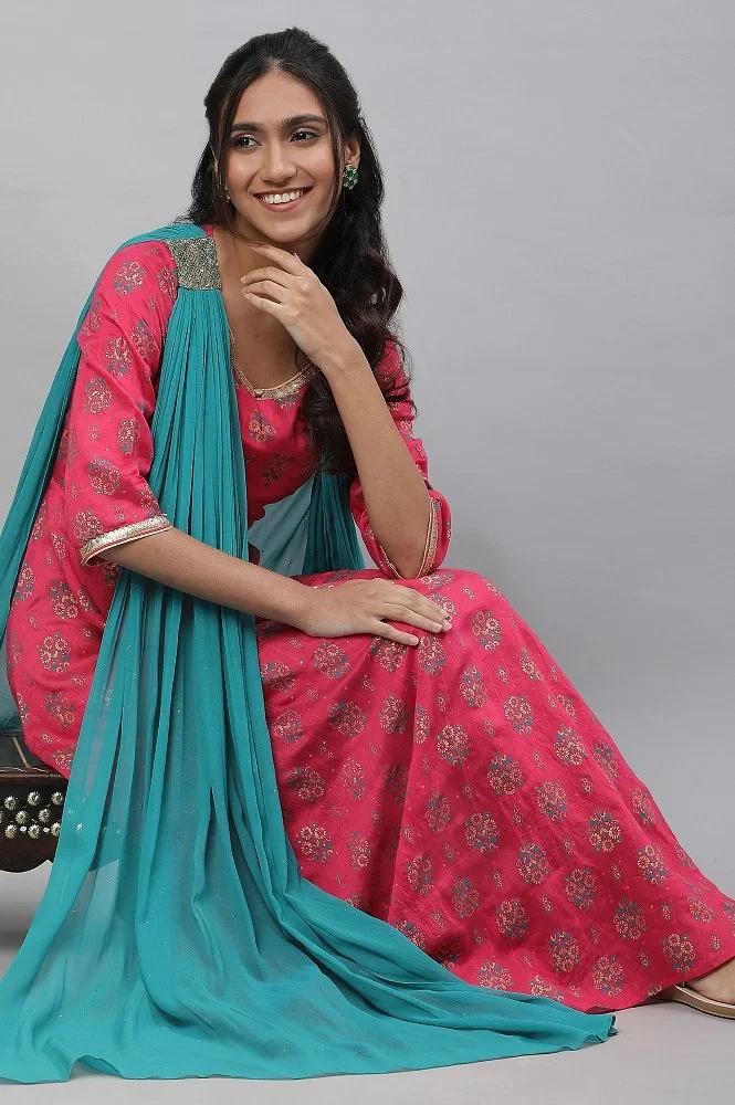 pink floral printed festive dress with attached dupatta