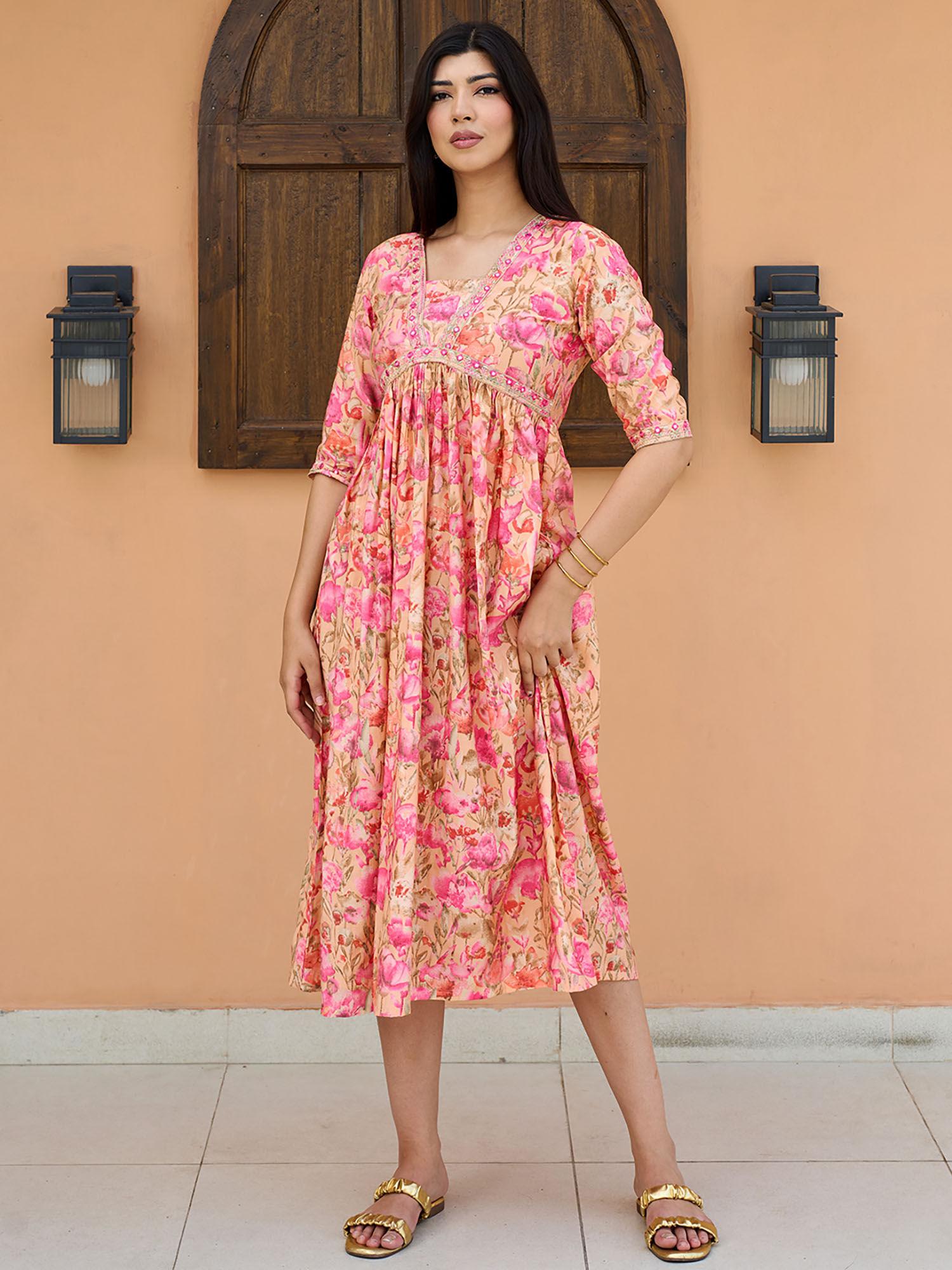 pink floral printed fit & flared pleated silk blend midi dress