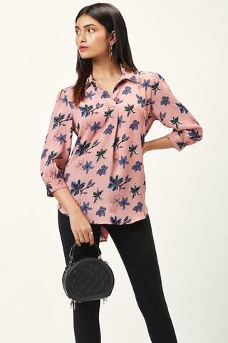 pink floral printed formal 3/4th sleeves regular collar women comfort fit top